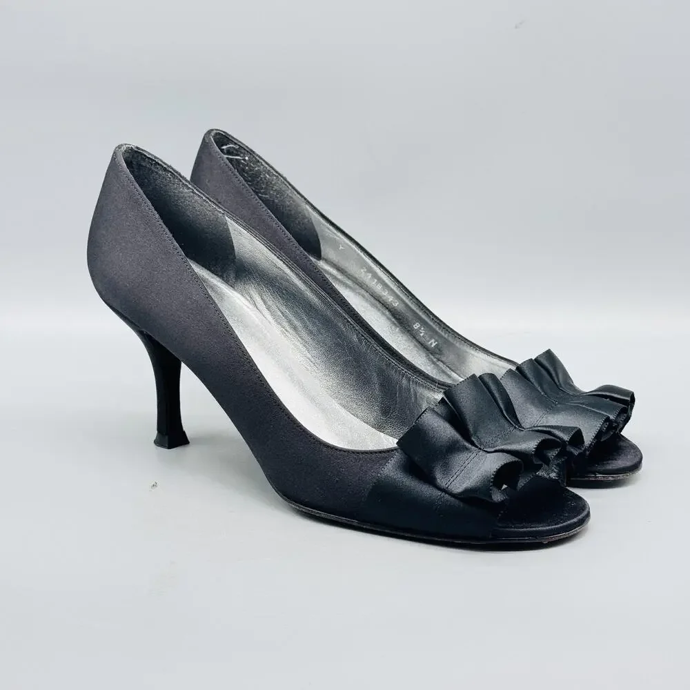 Stuart Weitzman Shoes Women 8.5 Black Satin Gigiritz Peep Toe Ruffle Pump Dress